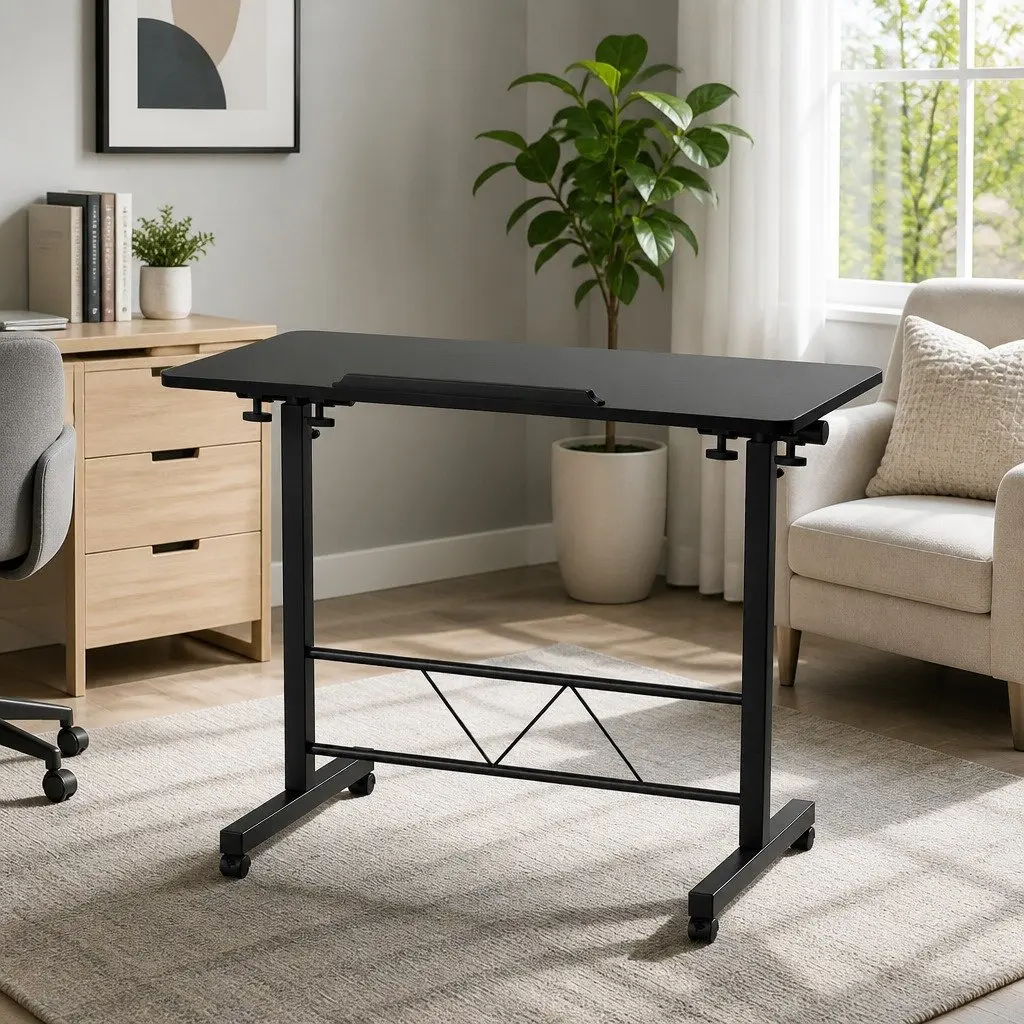 Mobile Laptop Desk Height Adjustable Tilting 80CM Wooden Tabletop U-Shape Steel Frame