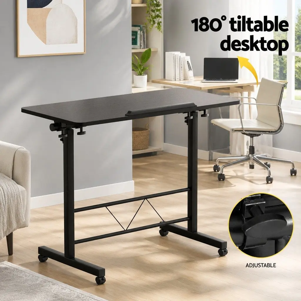 Mobile Laptop Desk Height Adjustable Tilting 80CM Wooden Tabletop U-Shape Steel Frame