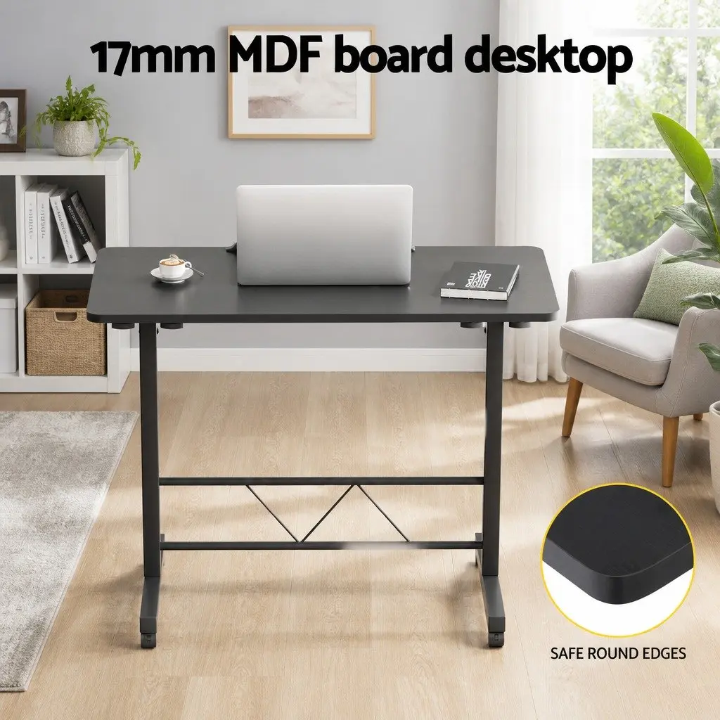 Mobile Laptop Desk Height Adjustable Tilting 80CM Wooden Tabletop U-Shape Steel Frame