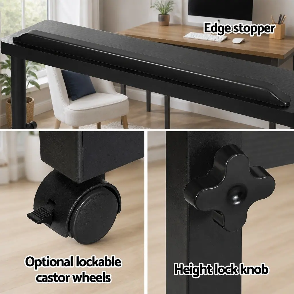 Mobile Laptop Desk Height Adjustable Tilting 80CM Wooden Tabletop U-Shape Steel Frame