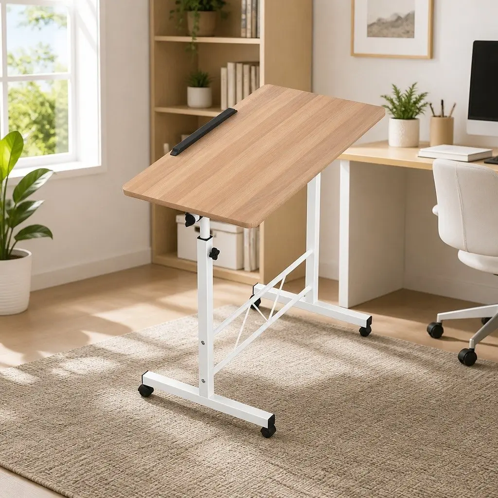 Mobile Laptop Desk Adjustable Height 80CM Brown Light Wood Portable Tilting