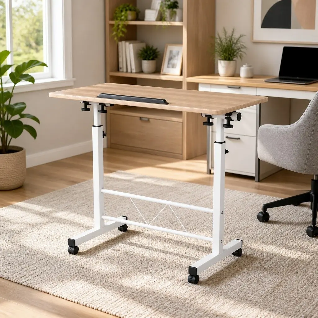 Mobile Laptop Desk Adjustable Height 80CM Brown Light Wood Portable Tilting