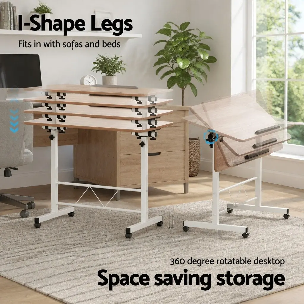 Mobile Laptop Desk Adjustable Height 80CM Brown Light Wood Portable Tilting