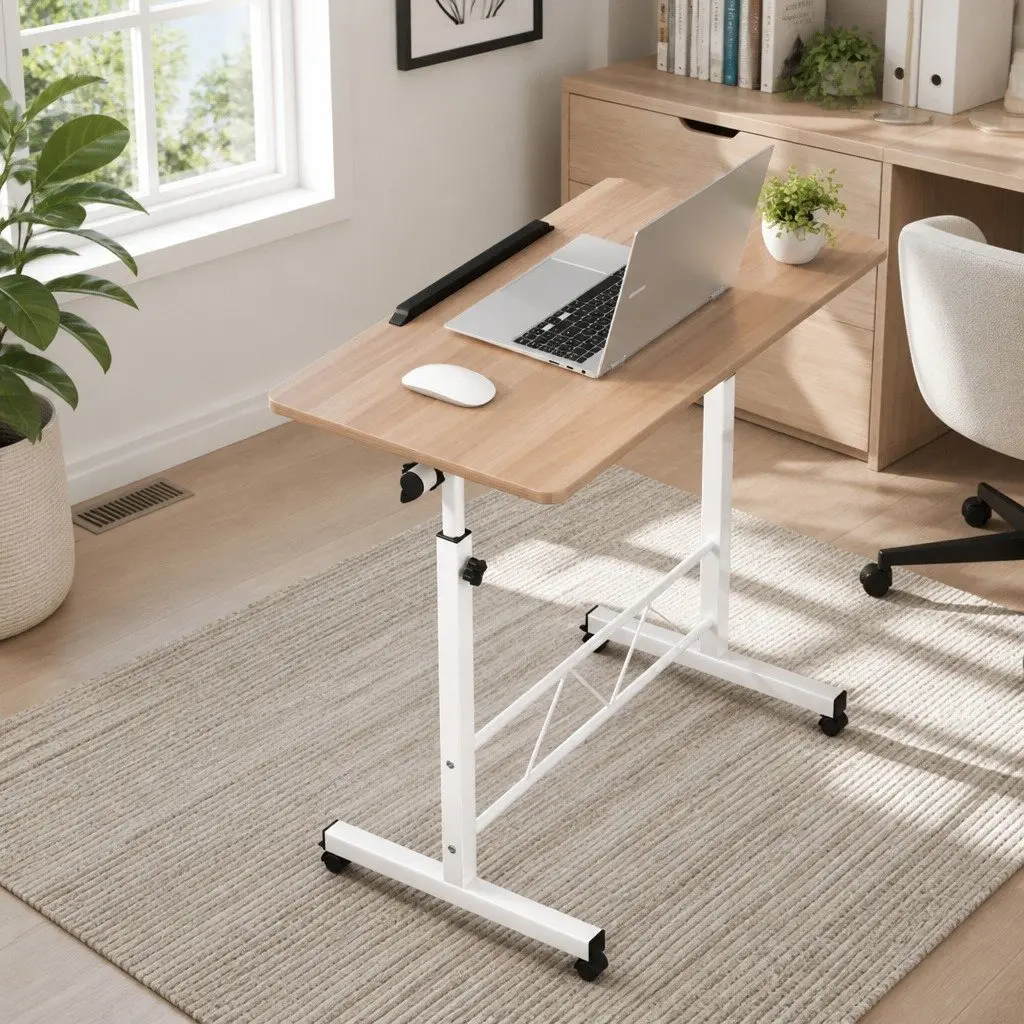 Mobile Laptop Desk Adjustable Height 80CM Brown Light Wood Portable Tilting