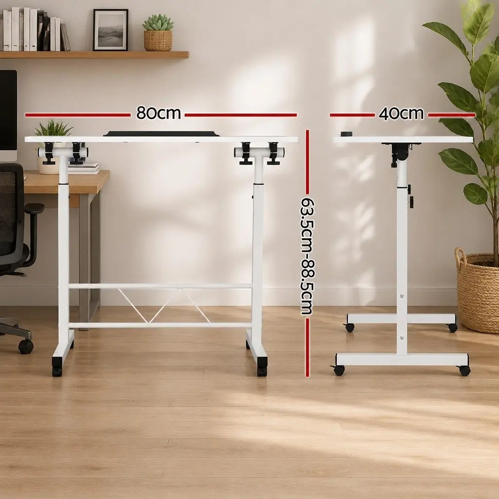 Mobile Laptop Desk Adjustable Height 80CM White MDF Board U-Shape Steel Frame