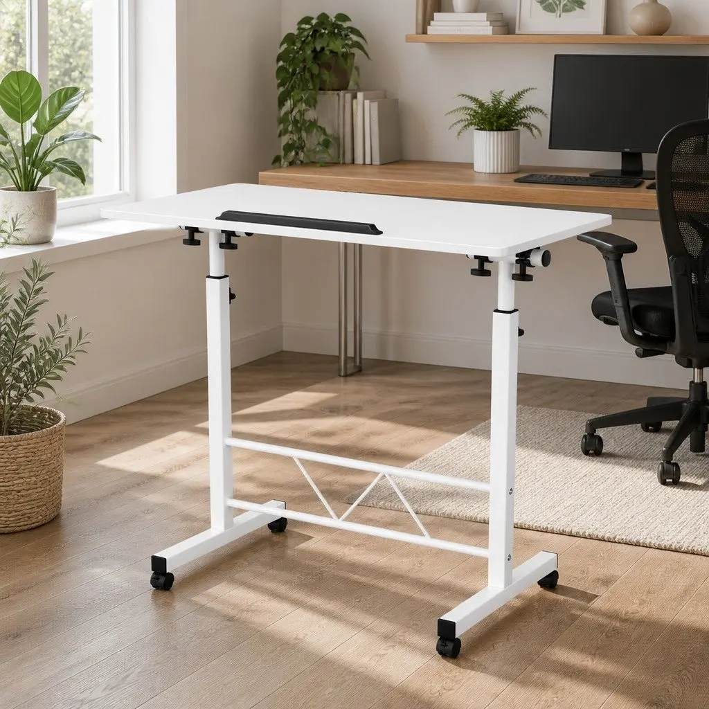 Mobile Laptop Desk Adjustable Height 80CM White MDF Board U-Shape Steel Frame