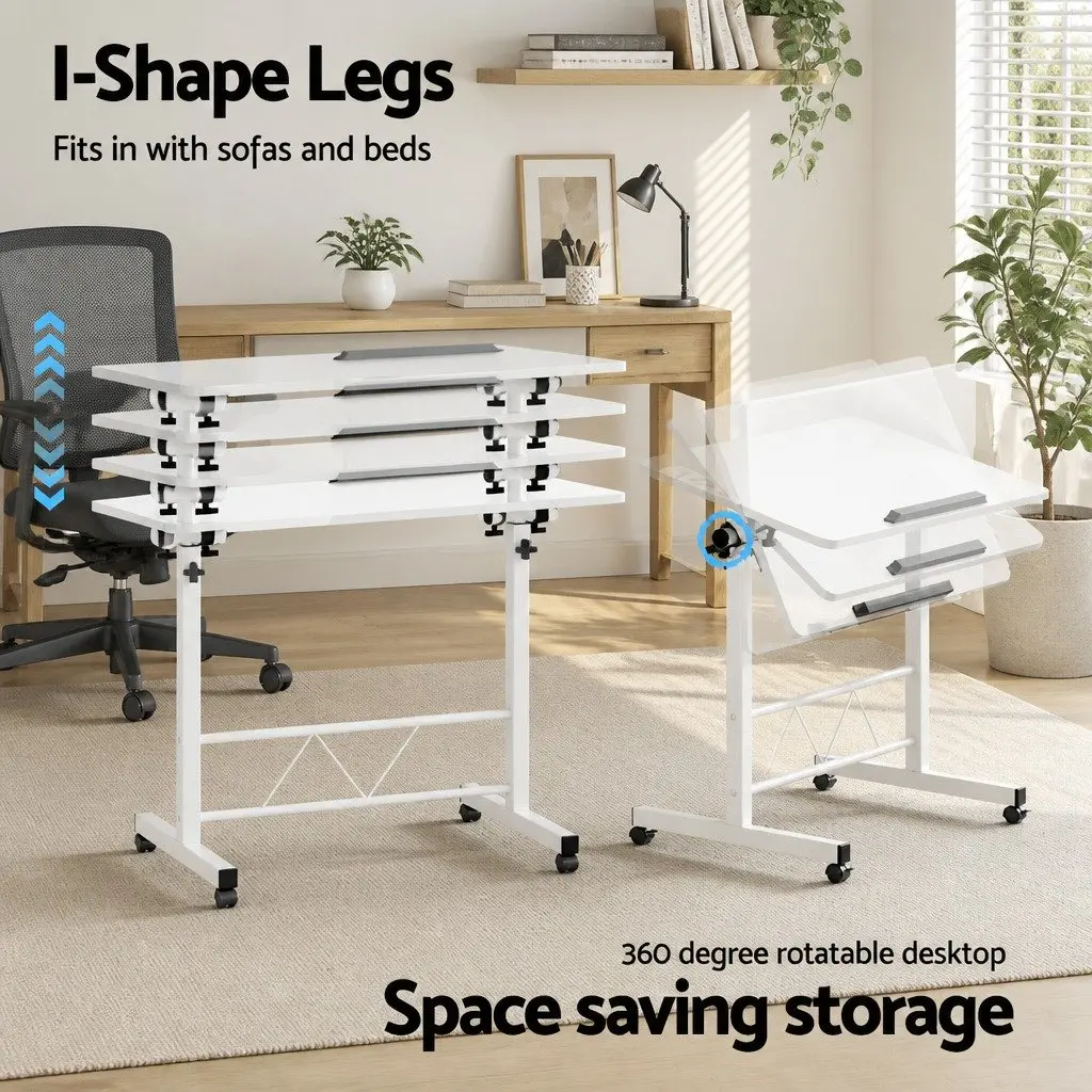 Mobile Laptop Desk Adjustable Height 80CM White MDF Board U-Shape Steel Frame