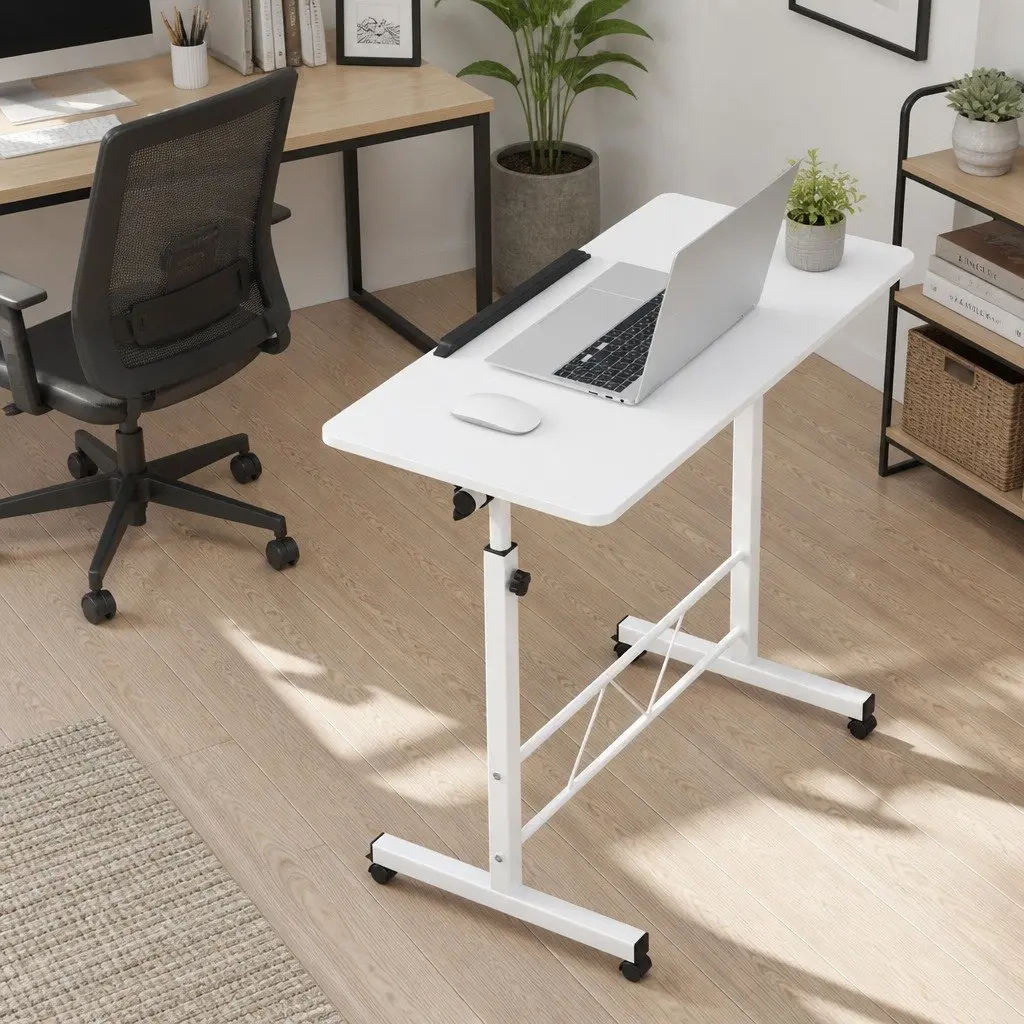Mobile Laptop Desk Adjustable Height 80CM White MDF Board U-Shape Steel Frame