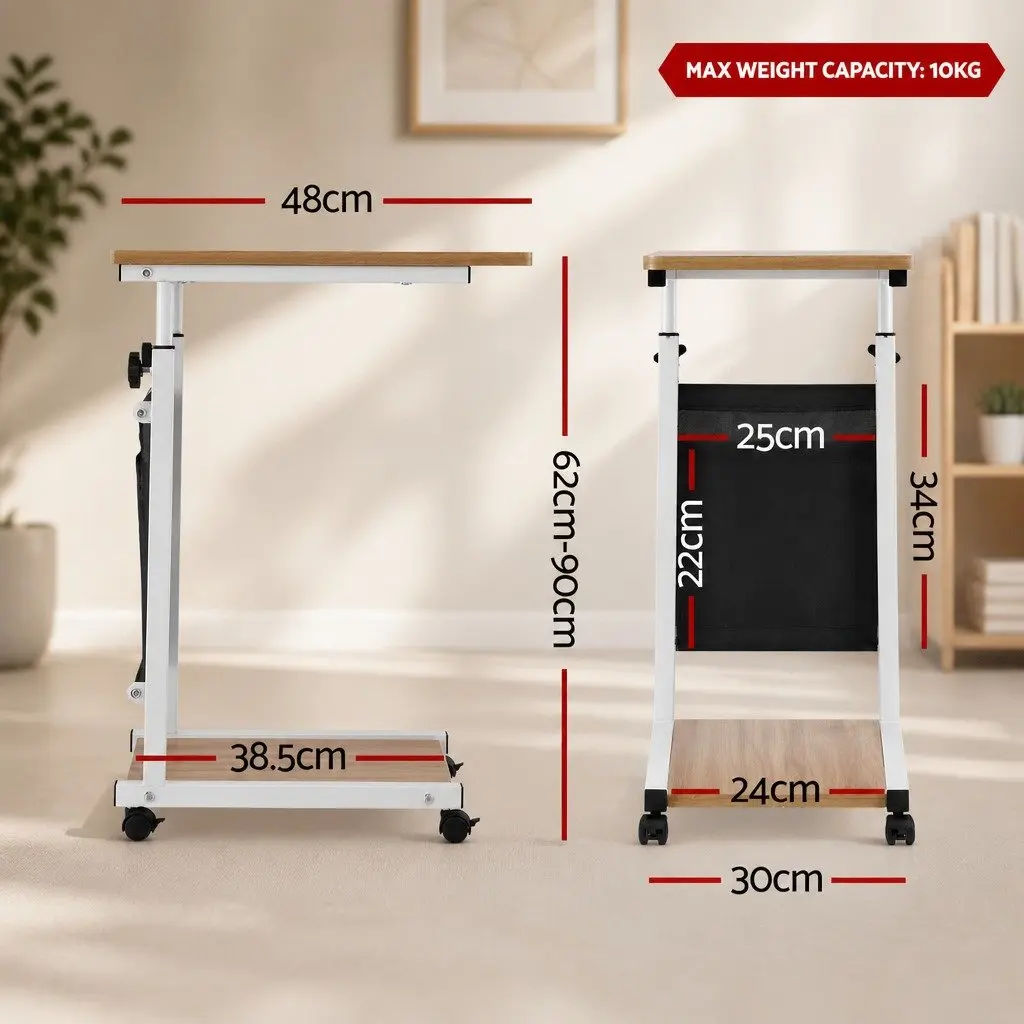 Mobile Laptop Desk Height Adjustable C-shaped White MDF Oak Portable