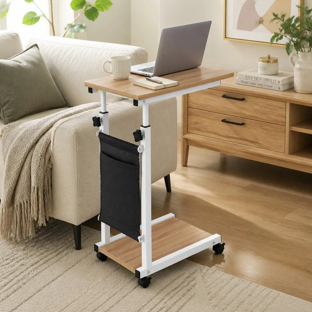 Mobile Laptop Desk Height Adjustable C-shaped White MDF Oak Portable