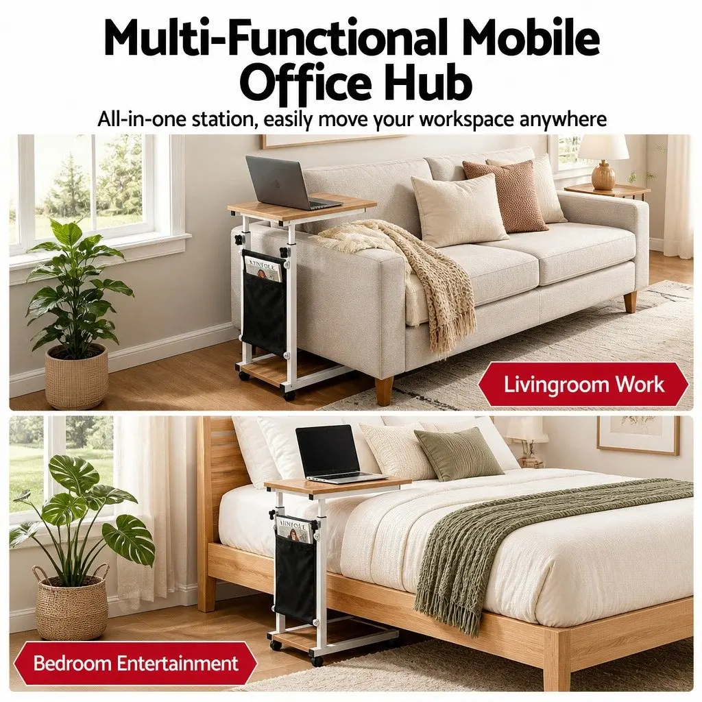 Mobile Laptop Desk Height Adjustable C-shaped White MDF Oak Portable