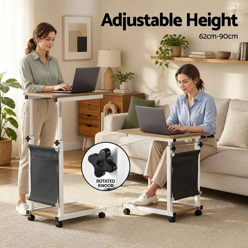 Mobile Laptop Desk Height Adjustable C-shaped White MDF Oak Portable