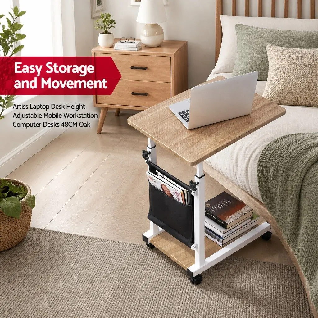 Mobile Laptop Desk Height Adjustable C-shaped White MDF Oak Portable