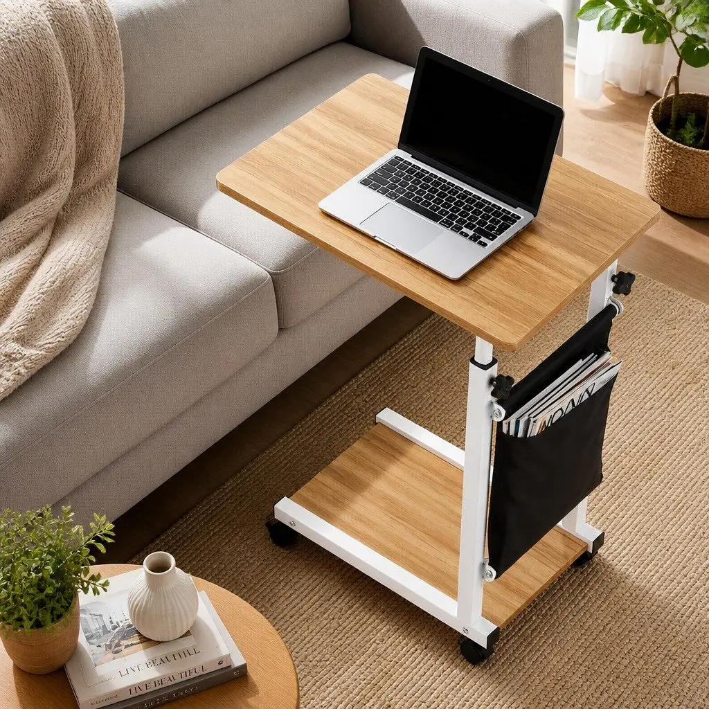Mobile Laptop Desk Height Adjustable C-shaped White MDF Oak Portable