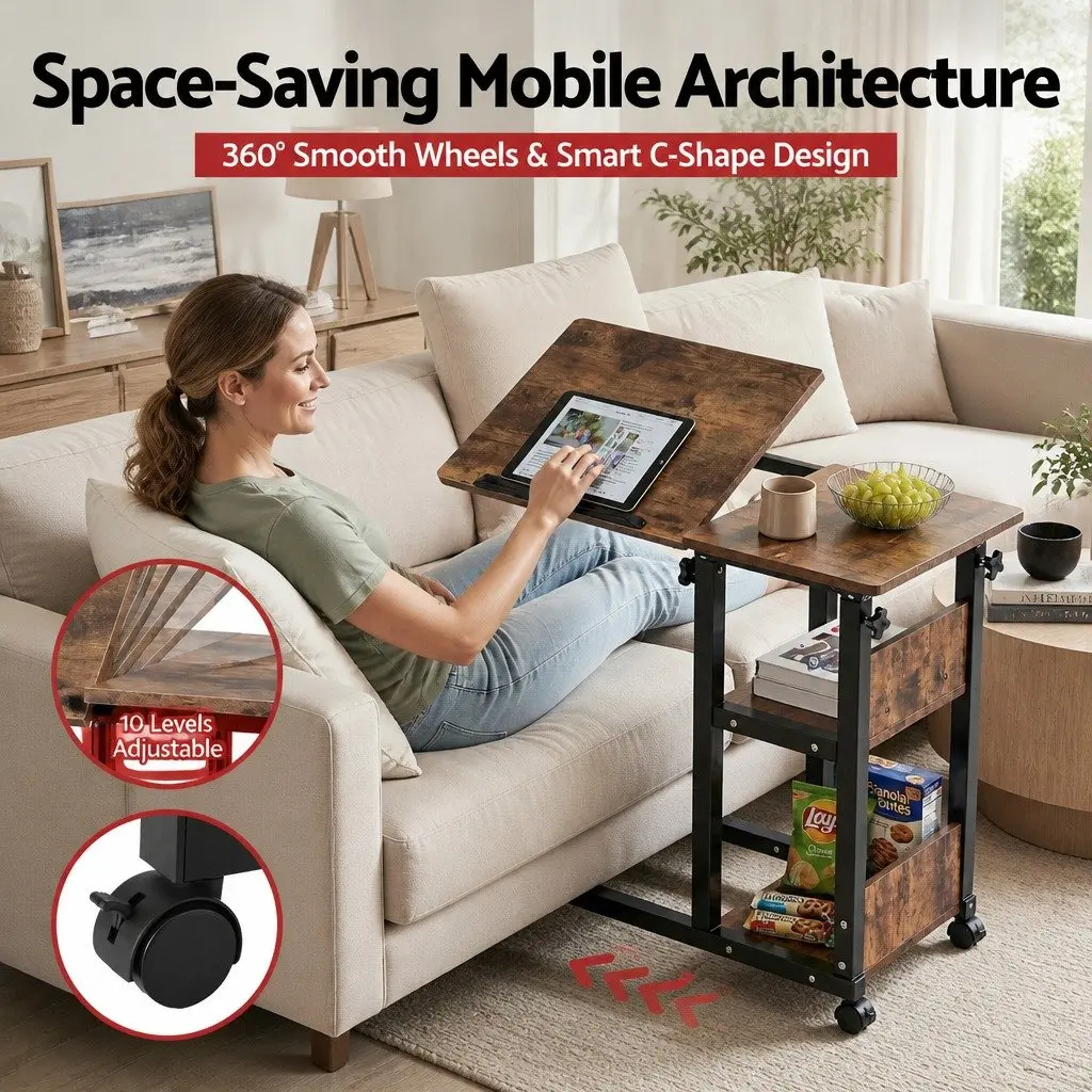 Adjustable Laptop Desk 3 Tier Mobile Side Table Tiltable Wheels Home Office