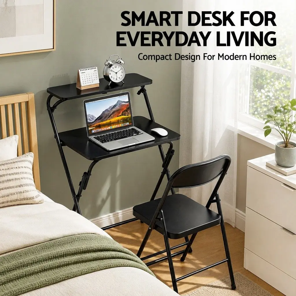 Foldable Laptop Desk Adjustable Black Space Saving Metal MDF 65 x 44 x 93.5cm