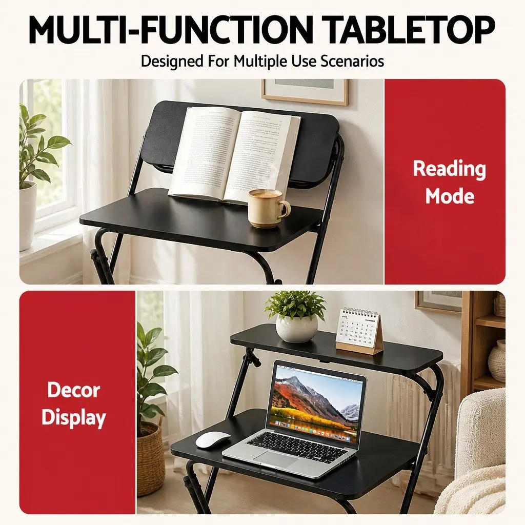 Foldable Laptop Desk Adjustable Black Space Saving Metal MDF 65 x 44 x 93.5cm