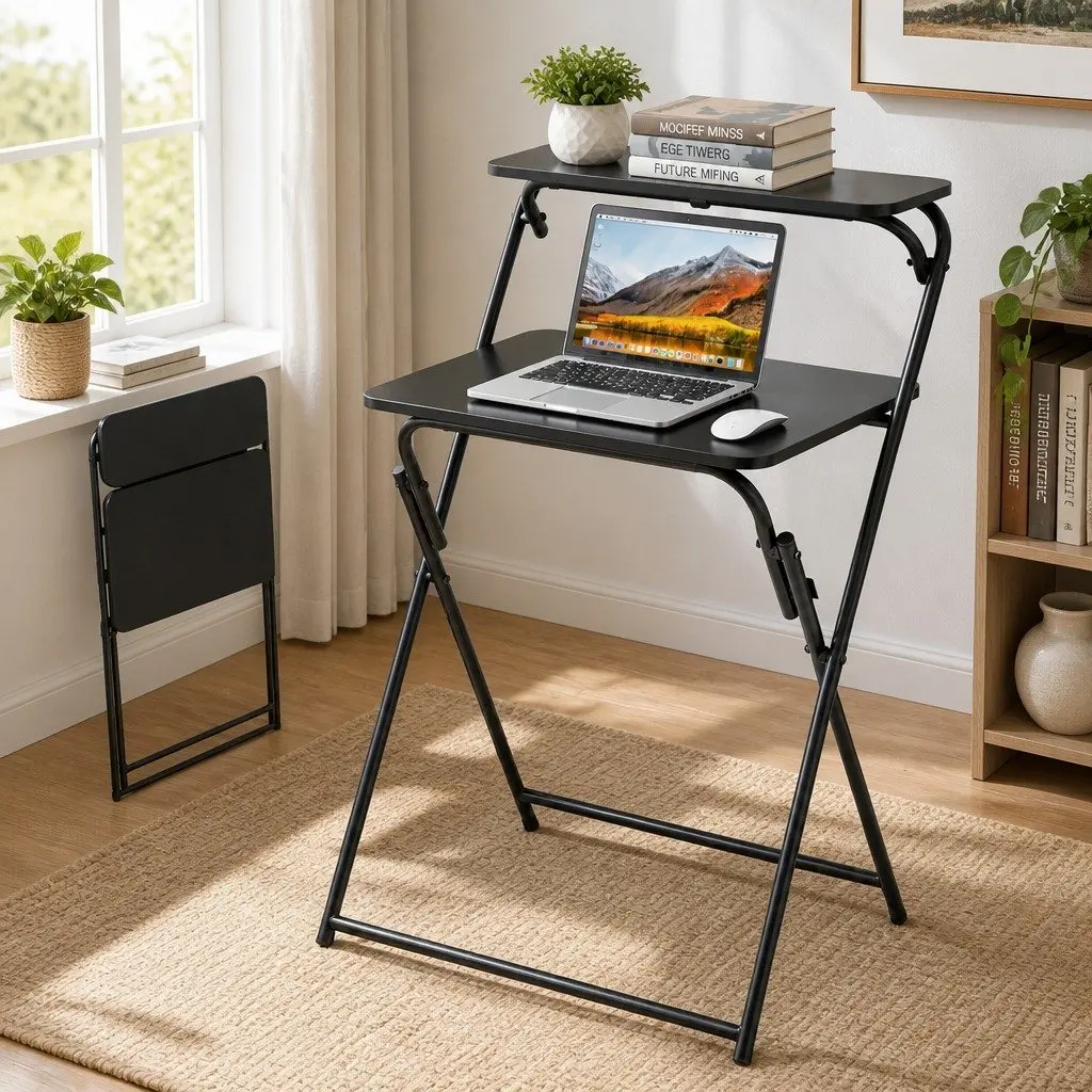 Foldable Laptop Desk Adjustable Black Space Saving Metal MDF 65 x 44 x 93.5cm