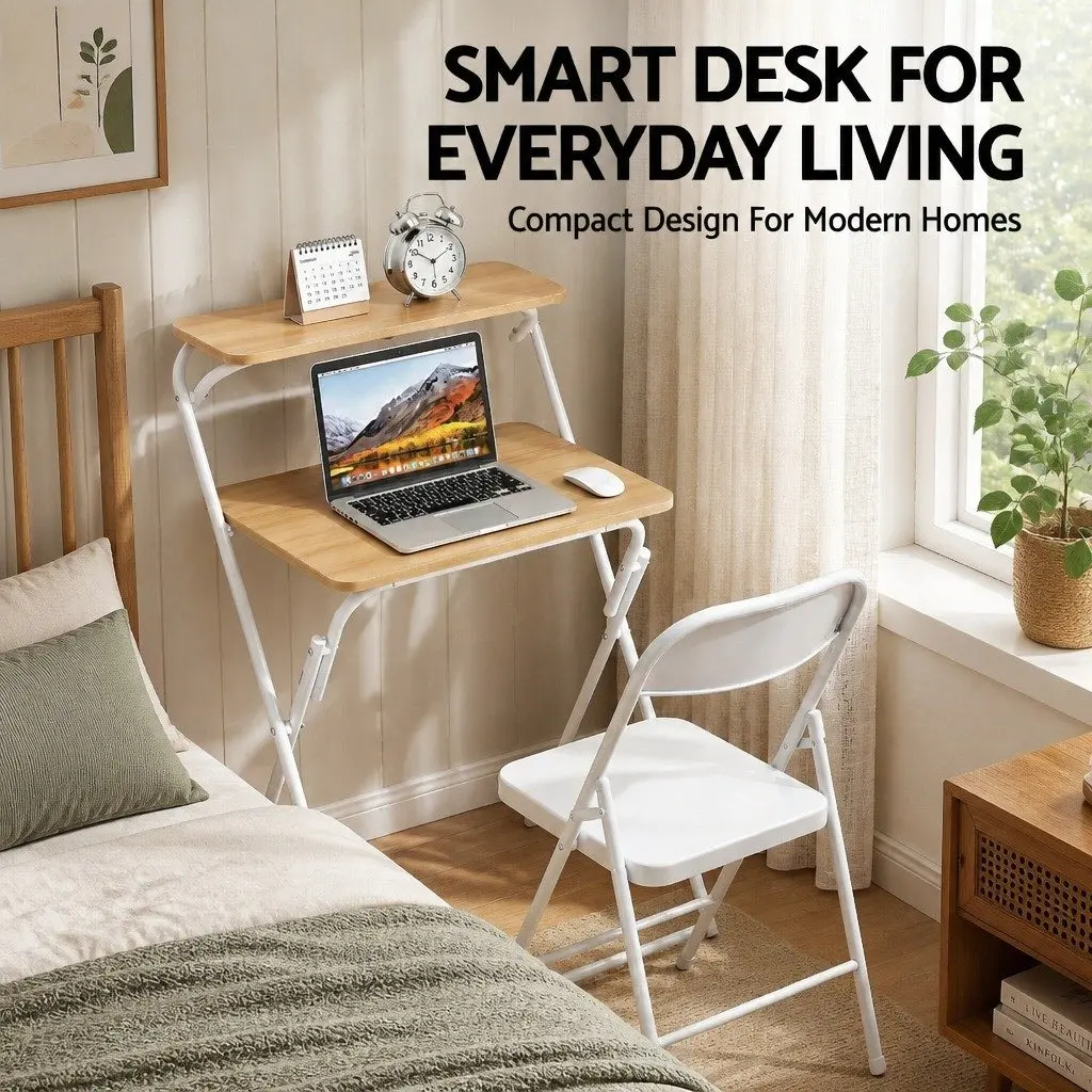 Foldable Laptop Desk Adjustable Study Table Compact Metal Frame MDF Walnut or White