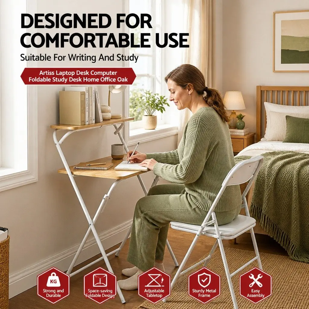 Foldable Laptop Desk Adjustable Study Table Compact Metal Frame MDF Walnut or White