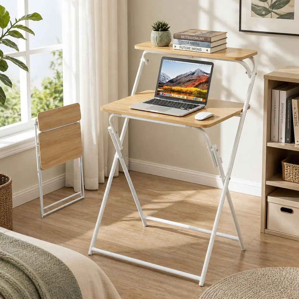 Foldable Laptop Desk Adjustable Study Table Compact Metal Frame MDF Walnut or White