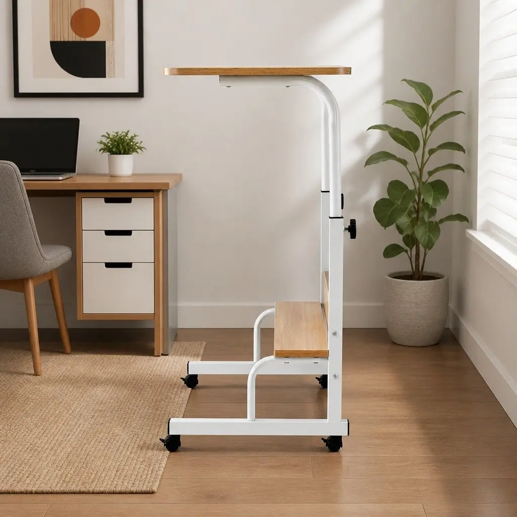 Portable Laptop Desk Height Adjustable Walnut Steel Frame with Caster Wheels