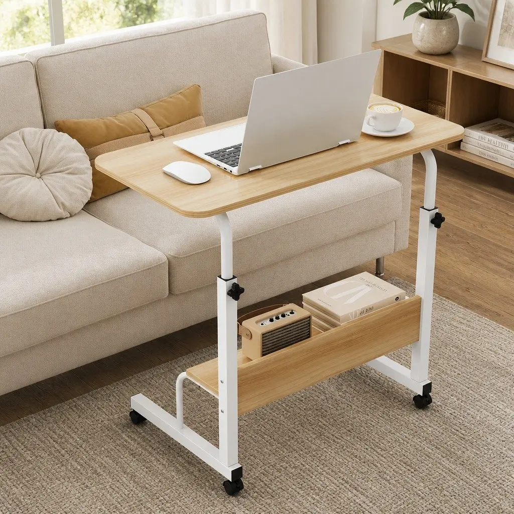 Portable Laptop Desk Height Adjustable Walnut Steel Frame with Caster Wheels