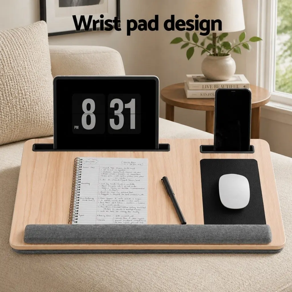 Lap Desk Portable Walnut 55cm MDF with Wrist Rest Phone Slot Mouse Pad
