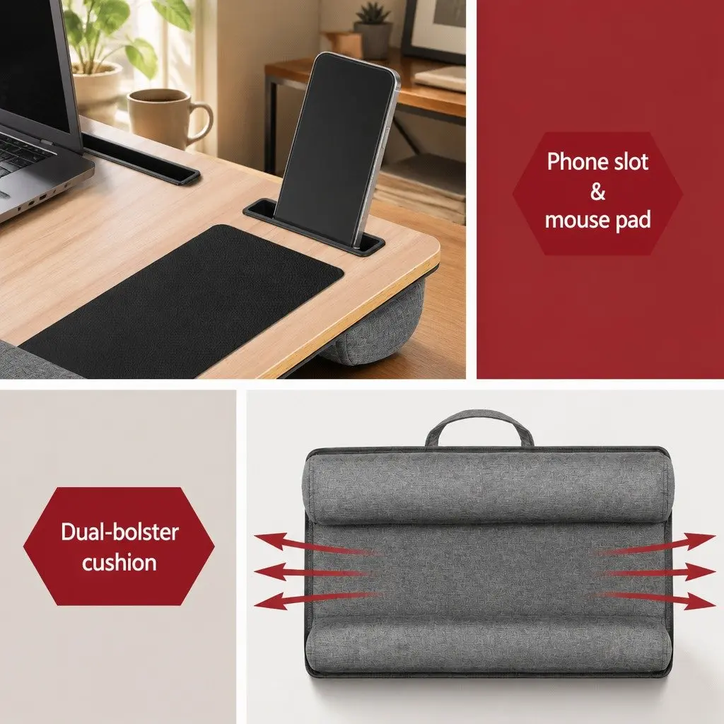 Lap Desk Portable Walnut 55cm MDF with Wrist Rest Phone Slot Mouse Pad