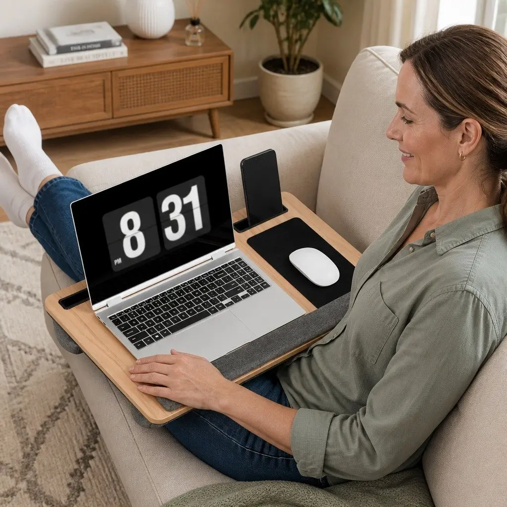 Lap Desk Portable Walnut 55cm MDF with Wrist Rest Phone Slot Mouse Pad