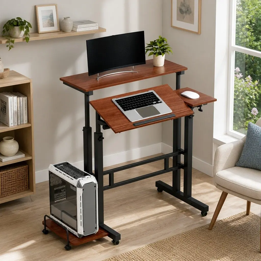 Mobile Twin Laptop Desk Adjustable Height Tilt Portable Steel MDF Dark Wood