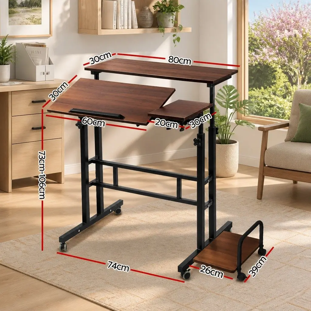 Mobile Twin Laptop Desk Adjustable Height Tilt Portable Steel MDF Dark Wood