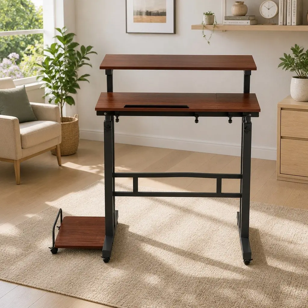 Mobile Twin Laptop Desk Adjustable Height Tilt Portable Steel MDF Dark Wood