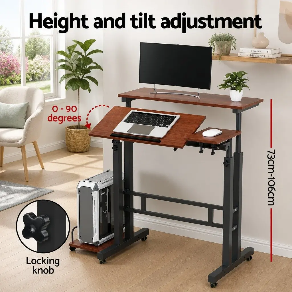 Mobile Twin Laptop Desk Adjustable Height Tilt Portable Steel MDF Dark Wood
