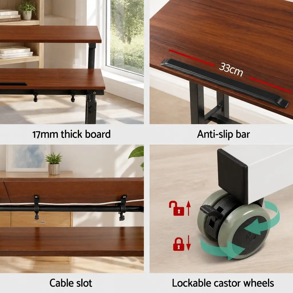 Mobile Twin Laptop Desk Adjustable Height Tilt Portable Steel MDF Dark Wood