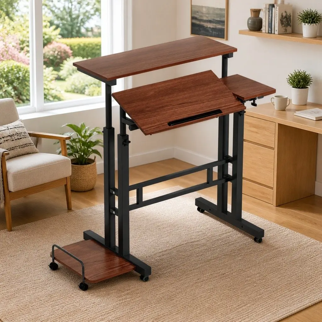 Mobile Twin Laptop Desk Adjustable Height Tilt Portable Steel MDF Dark Wood