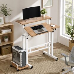 Light Wood Mobile Twin Laptop Desk with Adjustable Height