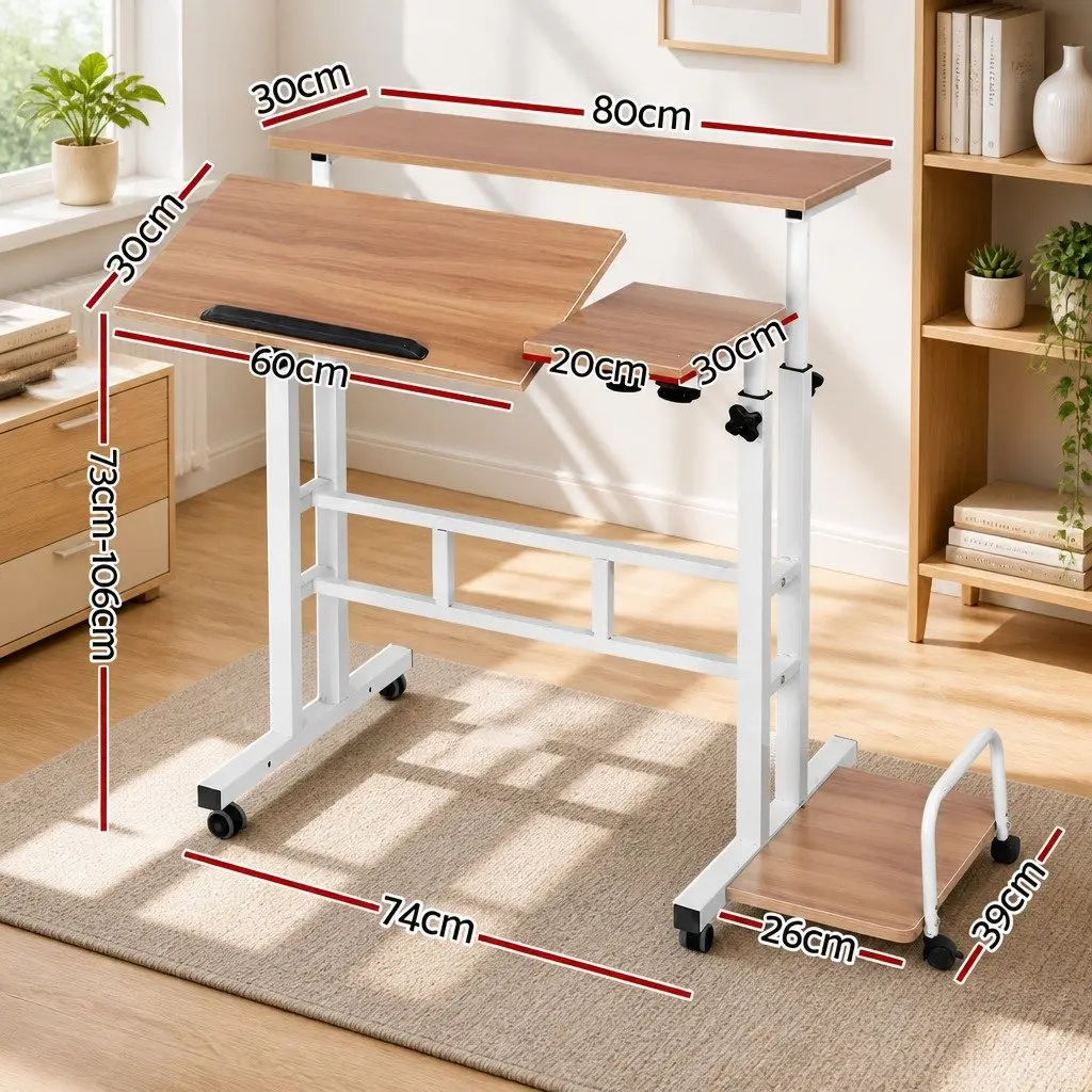Mobile Twin Laptop Desk Adjustable Height Tilting Tabletop Steel Light Wood