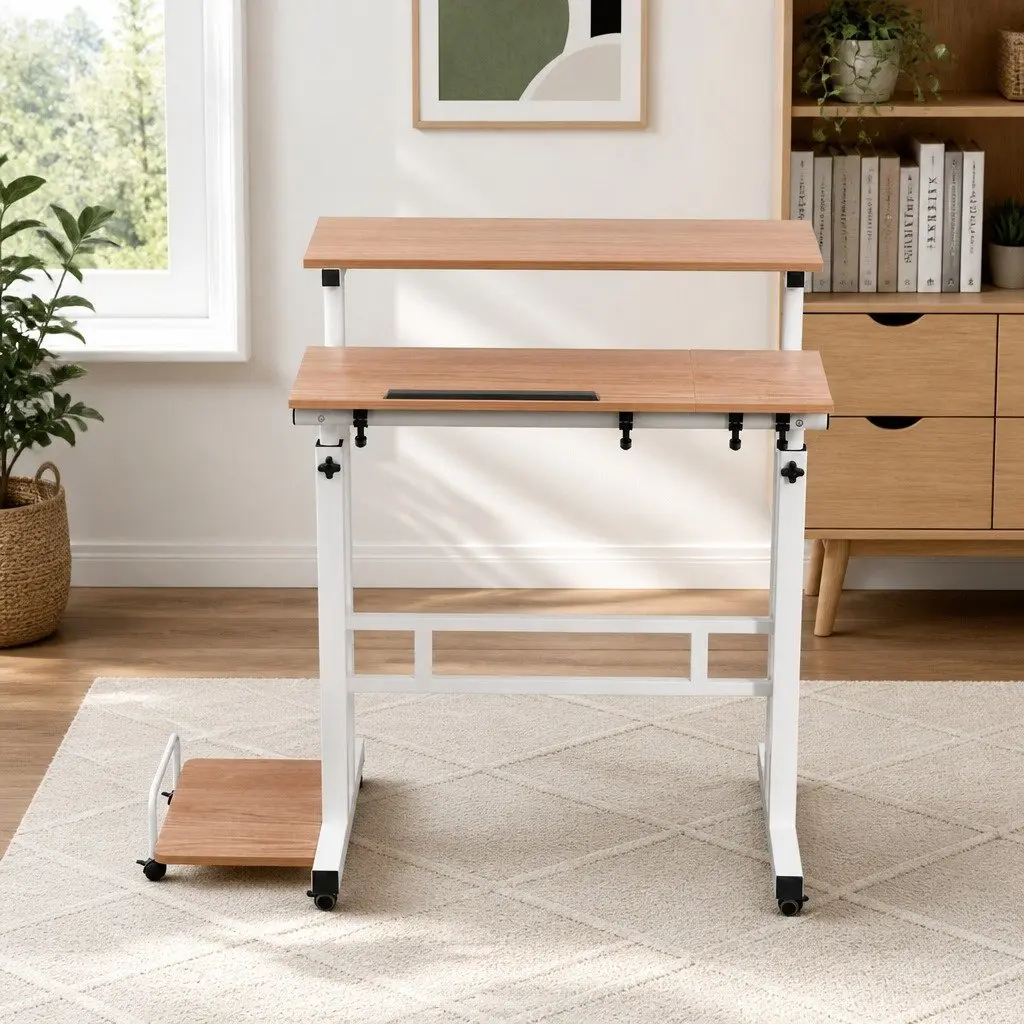 Mobile Twin Laptop Desk Adjustable Height Tilting Tabletop Steel Light Wood