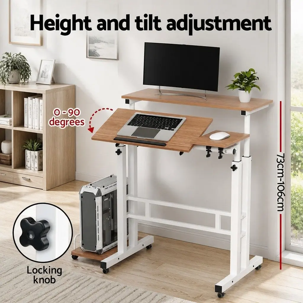 Mobile Twin Laptop Desk Adjustable Height Tilting Tabletop Steel Light Wood
