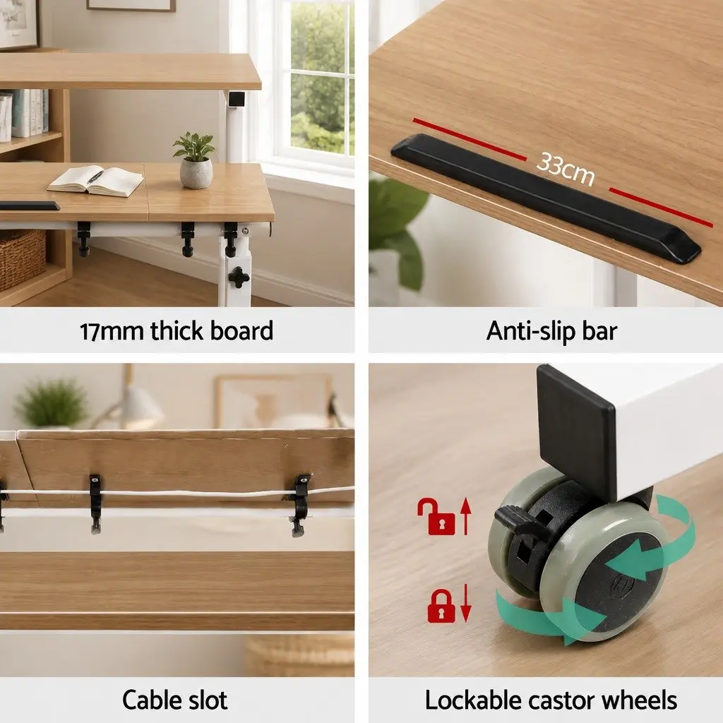 Mobile Twin Laptop Desk Adjustable Height Tilting Tabletop Steel Light Wood