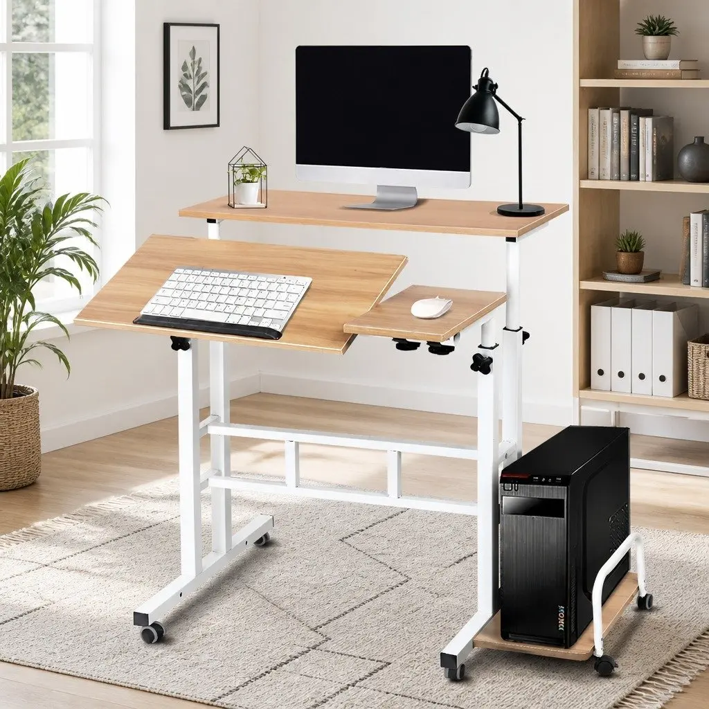 Mobile Twin Laptop Desk Adjustable Height Tilting Tabletop Steel Light Wood