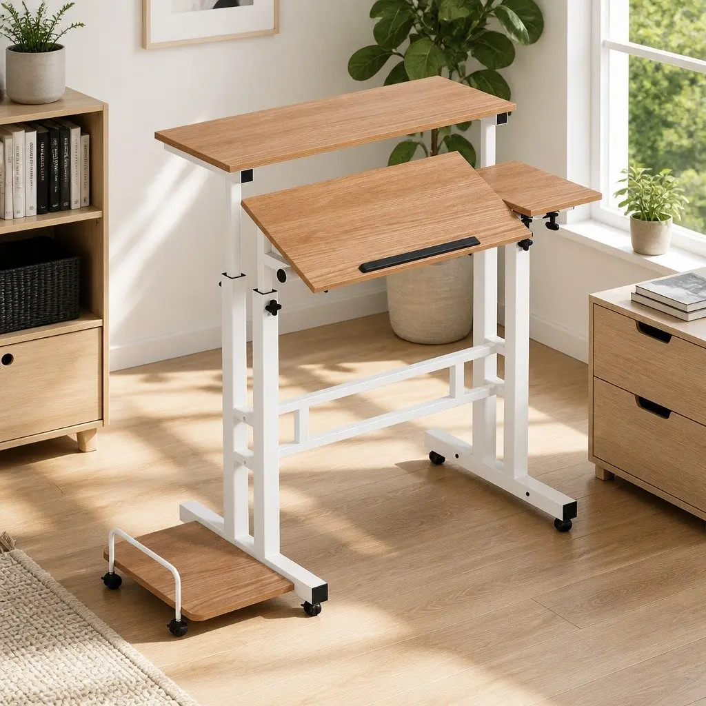 Mobile Twin Laptop Desk Adjustable Height Tilting Tabletop Steel Light Wood