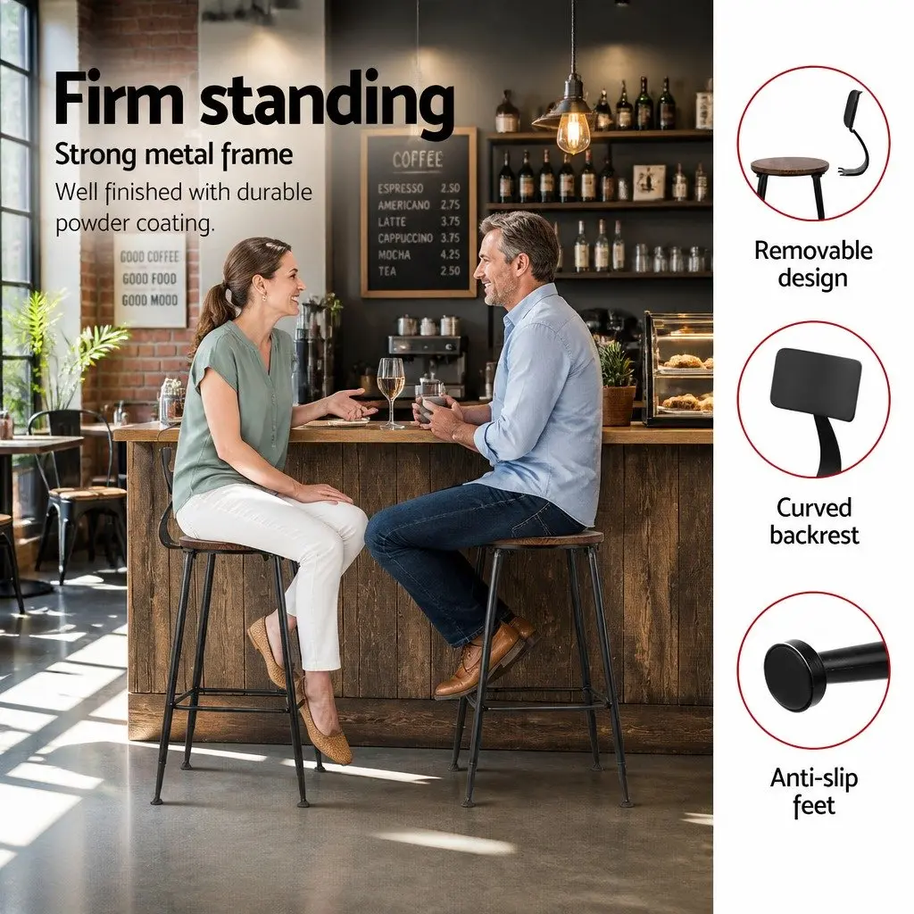 Bar Stools x2 Industrial Design Black Metal Frame Removable Backrest Dining