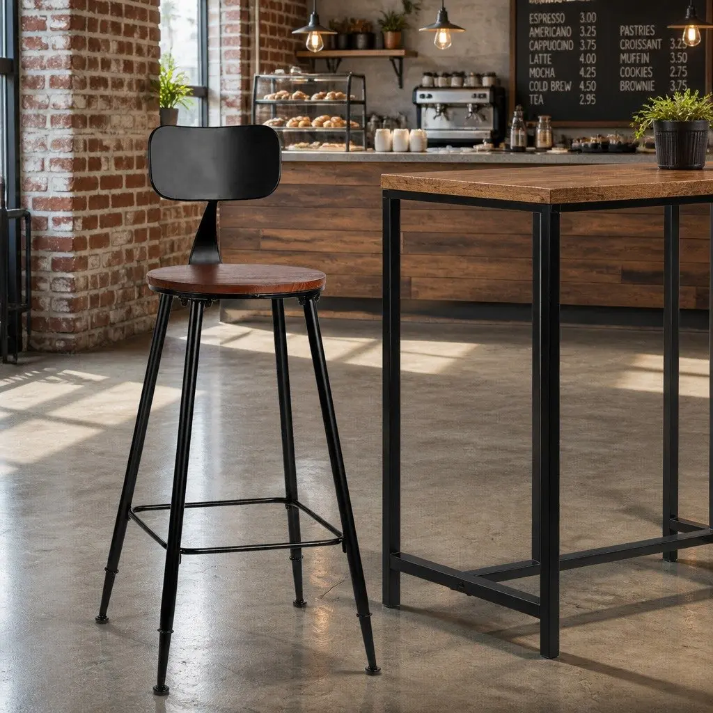 Bar Stools x2 Industrial Design Black Metal Frame Removable Backrest Dining