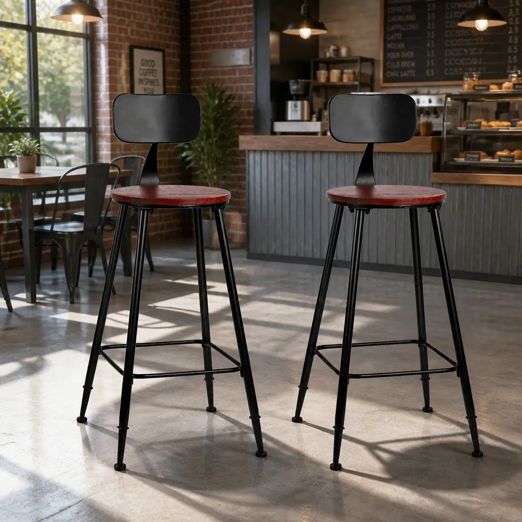 Bar Stools x2 Industrial Design Black Metal Frame Removable Backrest Dining