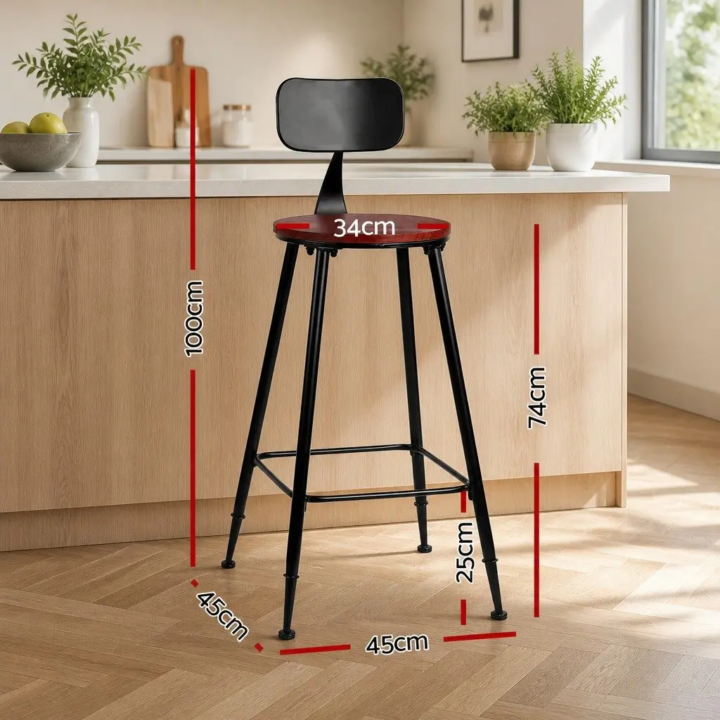 Bar Stools Industrial Metal Black 74cm Pinewood Seat Reinforced Steel Frame Curved Backrest Set of 4