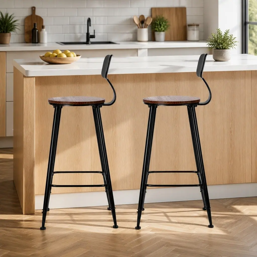 Bar Stools Industrial Metal Black 74cm Pinewood Seat Reinforced Steel Frame Curved Backrest Set of 4