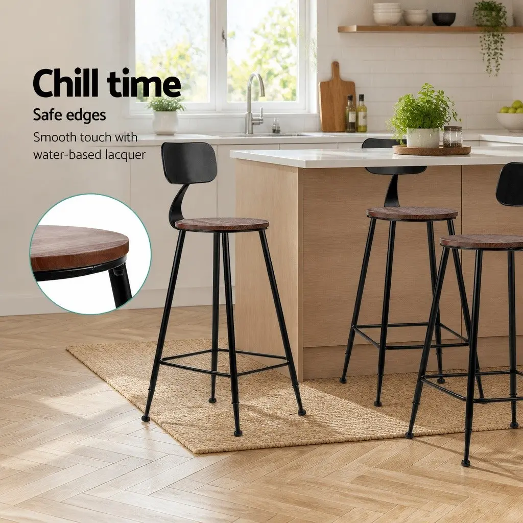 Bar Stools Industrial Metal Black 74cm Pinewood Seat Reinforced Steel Frame Curved Backrest Set of 4