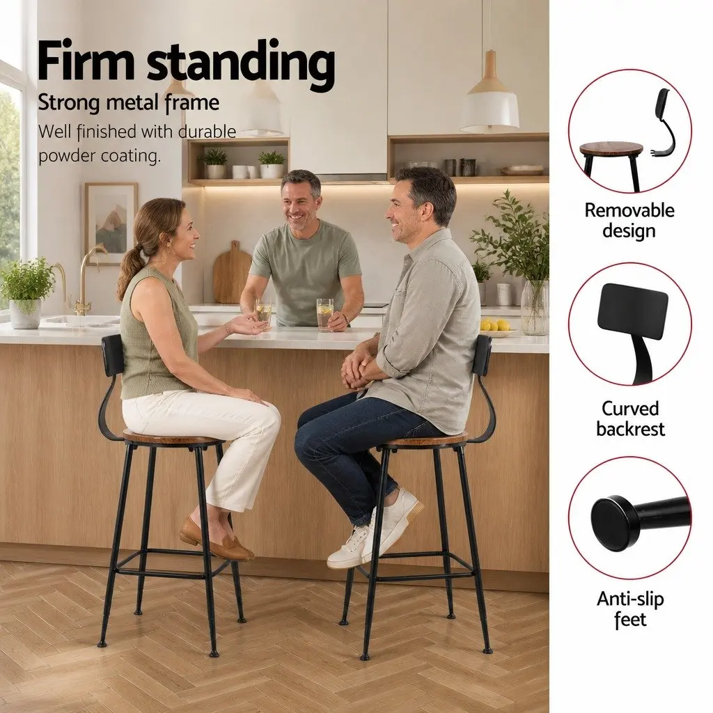 Bar Stools Industrial Metal Black 74cm Pinewood Seat Reinforced Steel Frame Curved Backrest Set of 4